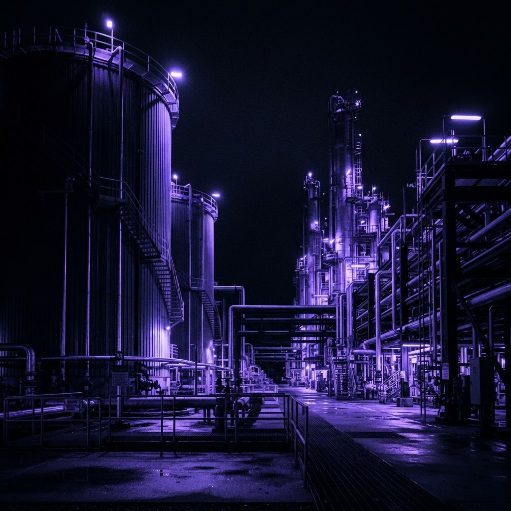 Ammonia storage tanks lit in electric violet