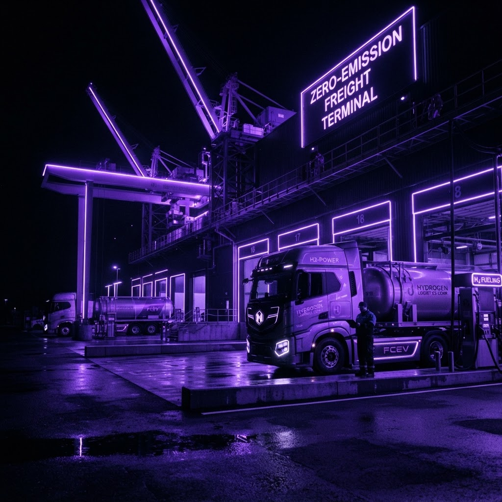 Hydrogen fuel-cell trucks lit in electric violet