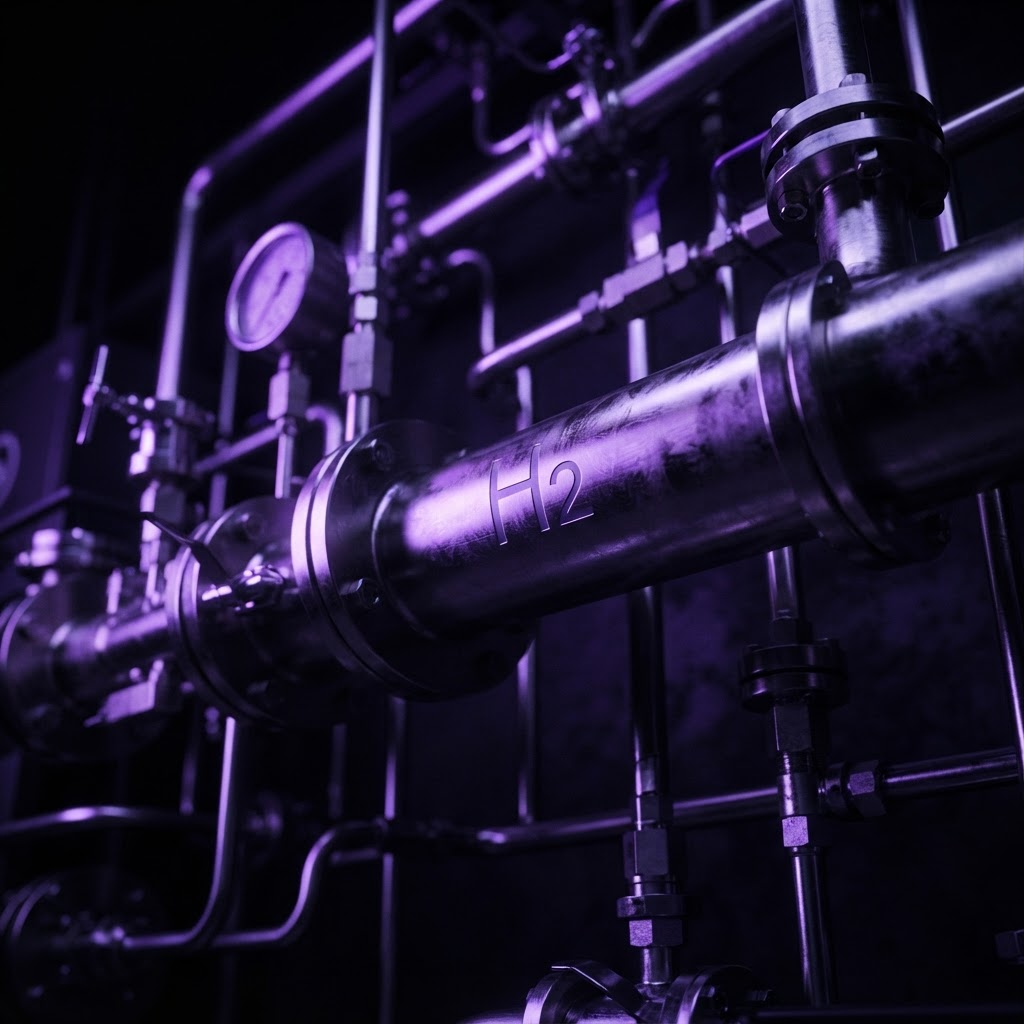 Macro view of polished stainless steel hydrogen piping lit in electric violet